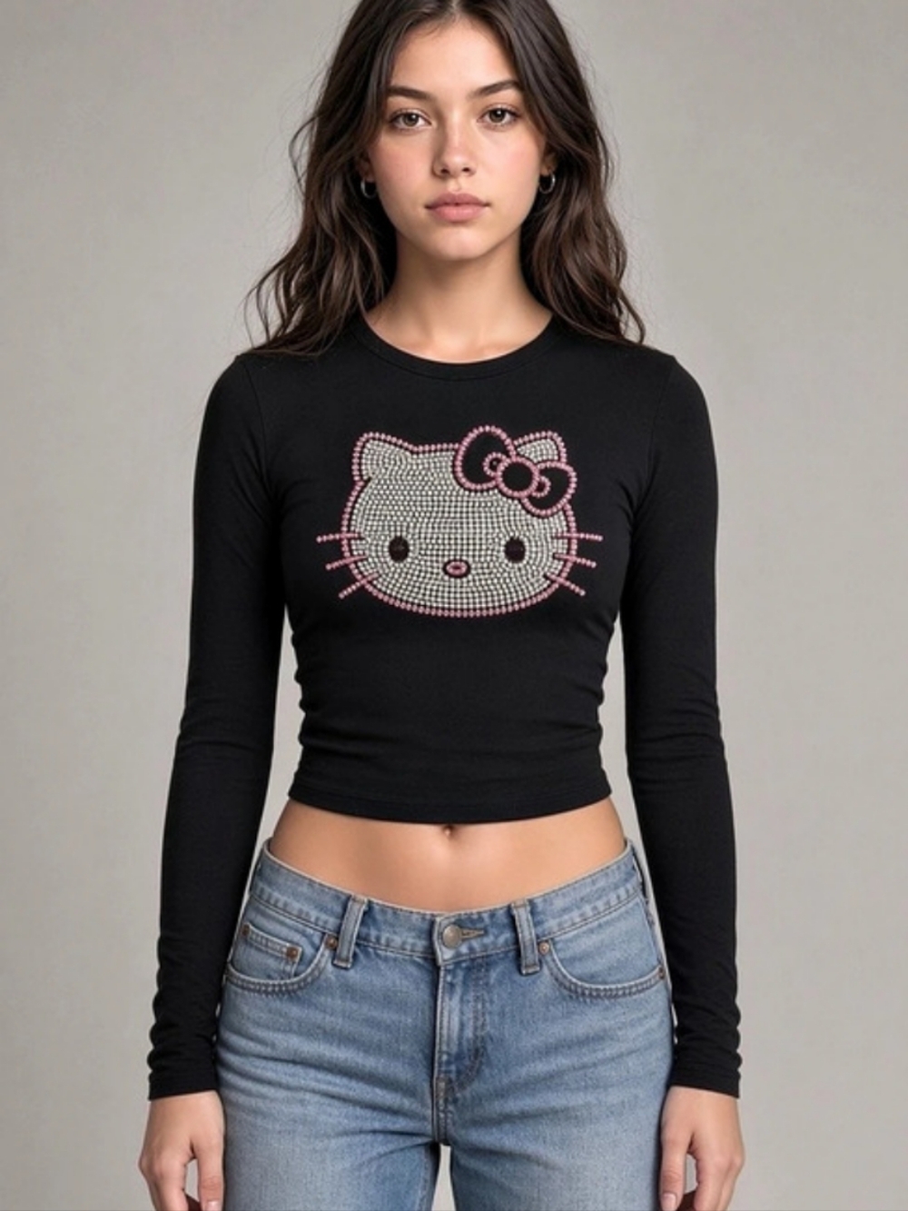 Hello Kitty Rhinestone Long Sleeve Crop Top Size Large